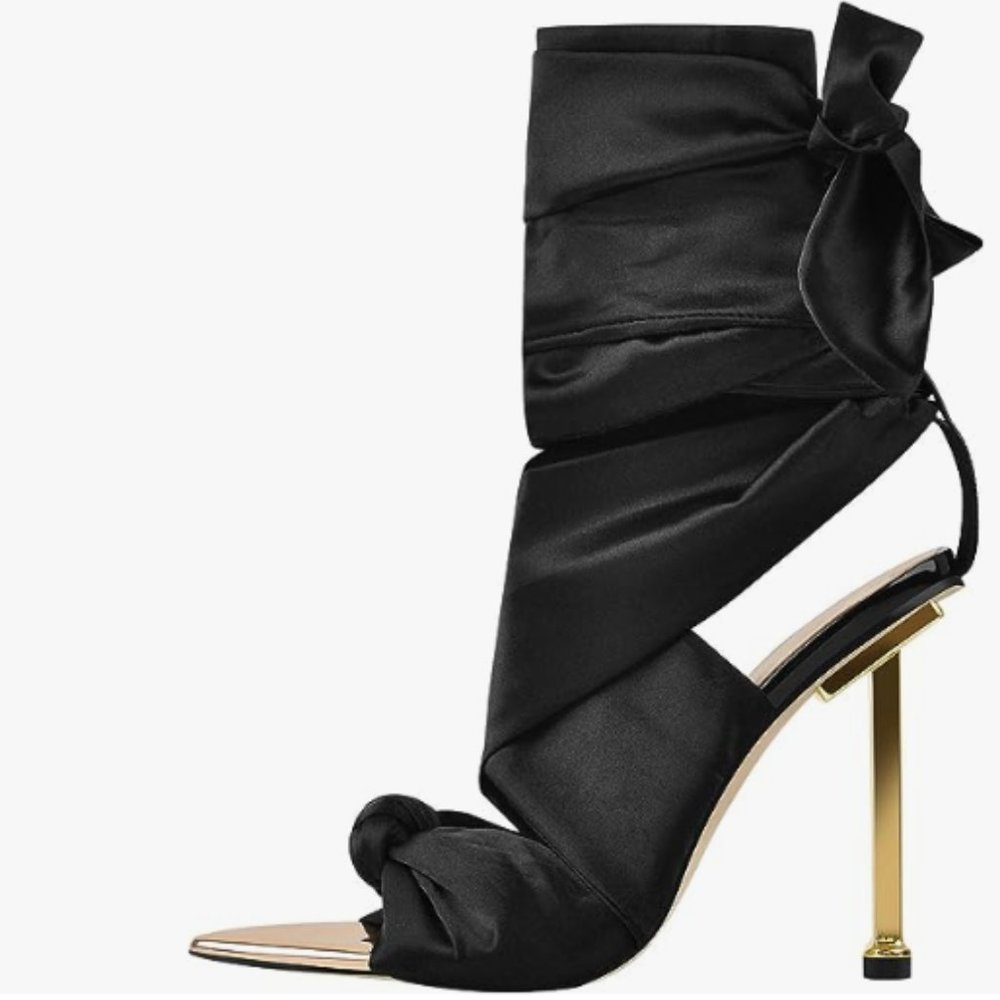 Women's Bows Strap Sandals Pointed Open Toe Metal Stiletto High Heel Lace-up San